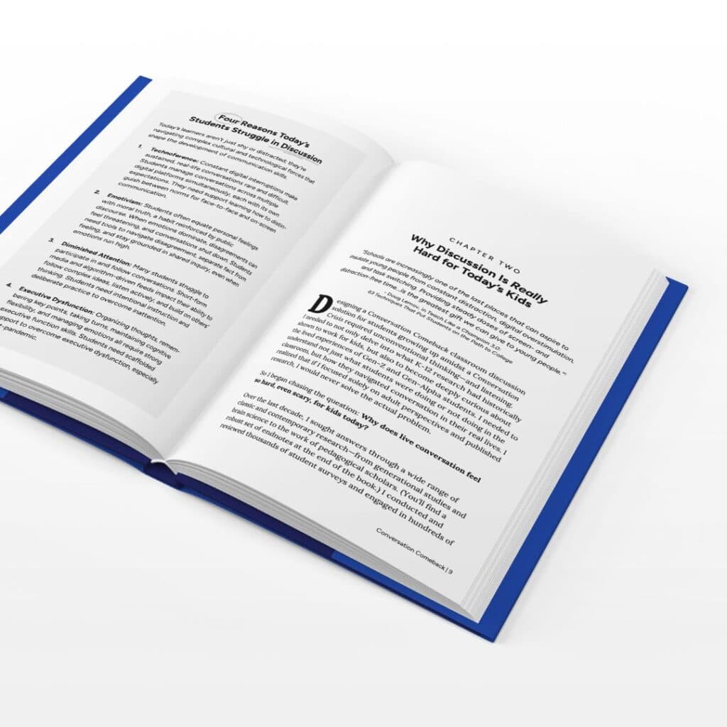 Image of the book Conversation Comeback by Liza Garonzik, open to Chapter 2: Why Discussion is Really Hard for Today's Kids