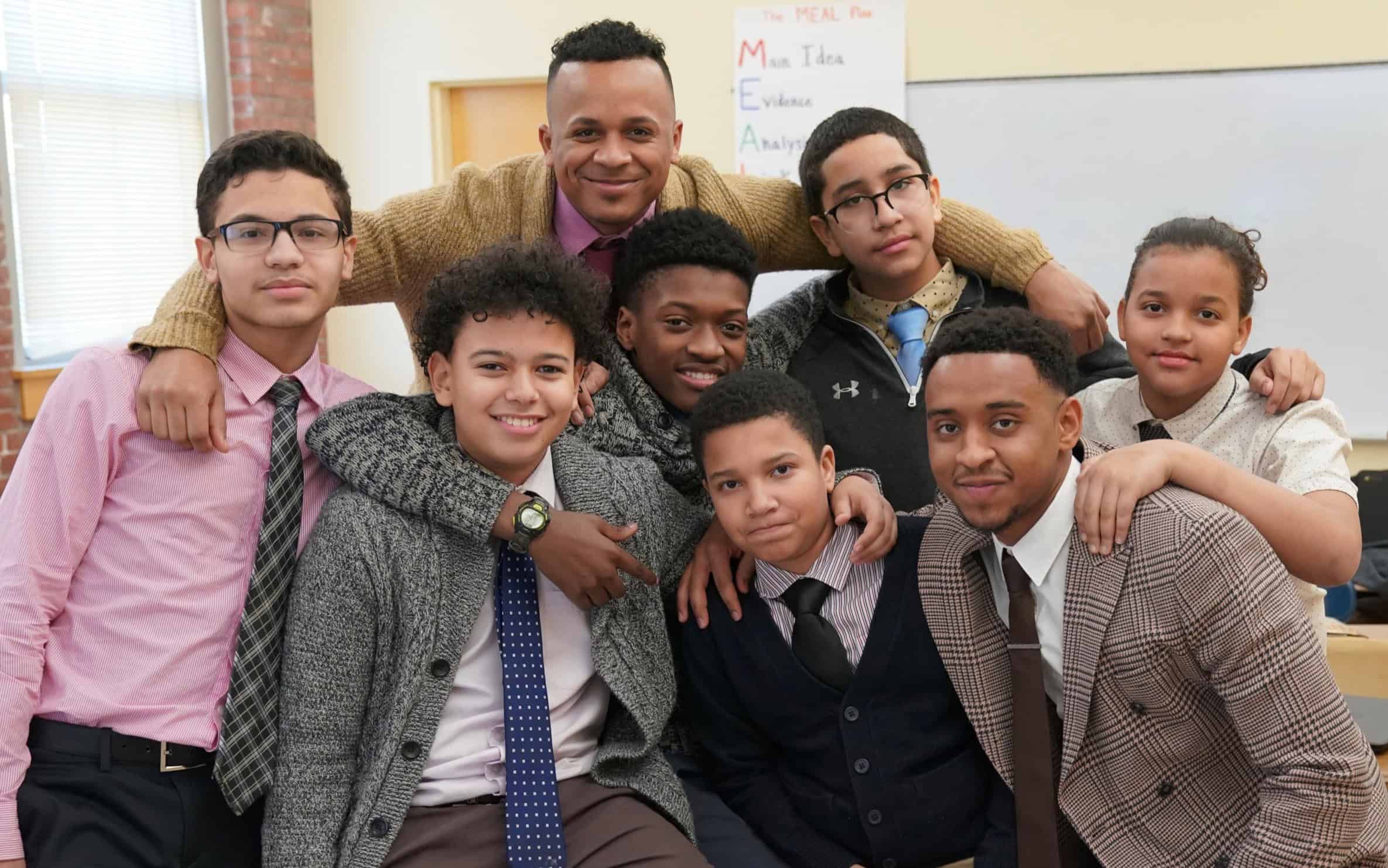Middle school students smiling together at Nativity Preparatory School
