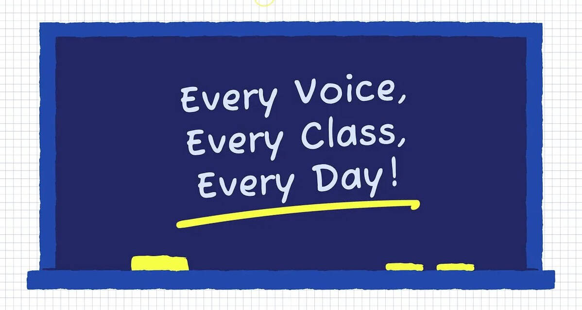 Blue classroom chalkboard with white lettering, “Every Voice, Every Class, Every Day!” and yellow underlines, conveying inclusion and encouragement.